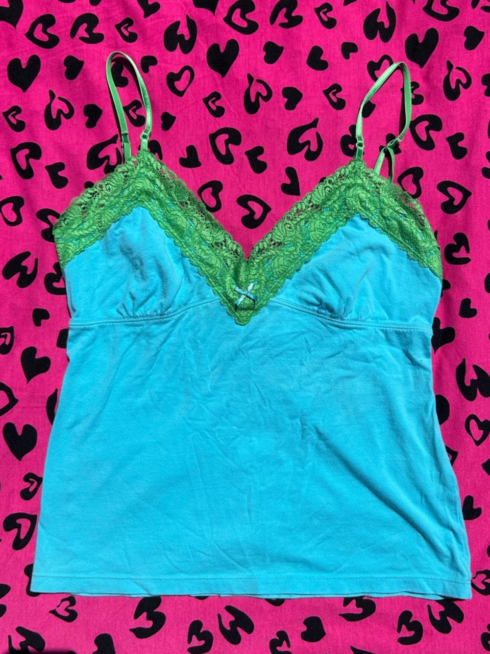 PINK Victoria's Secret Turquoise Cami with Green Lace Trim